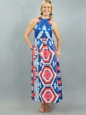 NWT CK Bradley Diddle maxi dress red white and blue Kilim print